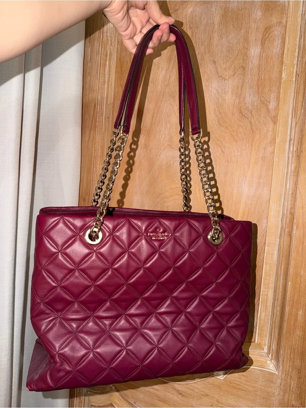 kate spade Quilted Leather Tote in Deep Wine with Gold Hardware